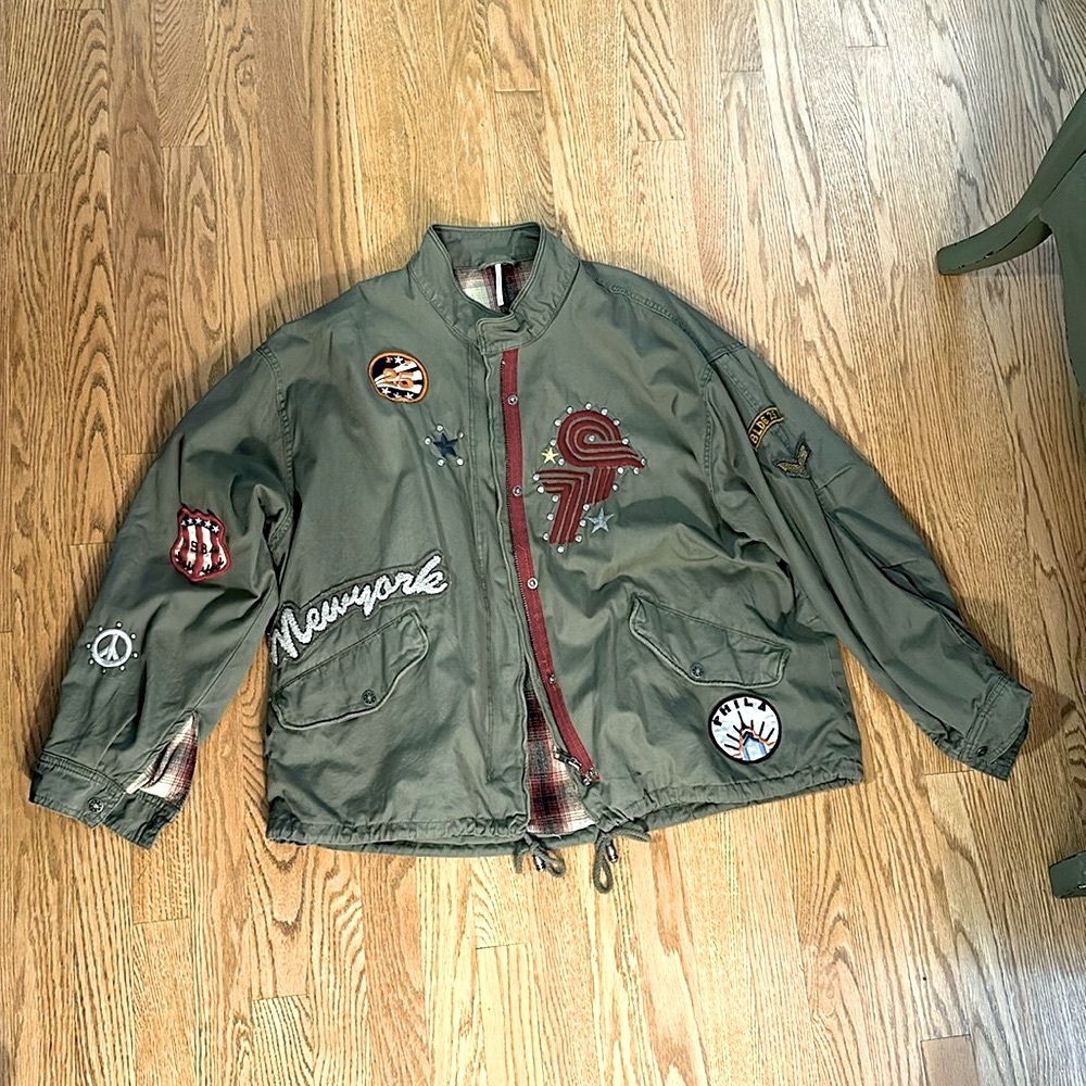 Free People oversized slouchy military bomber jacket with patches, size XS/S